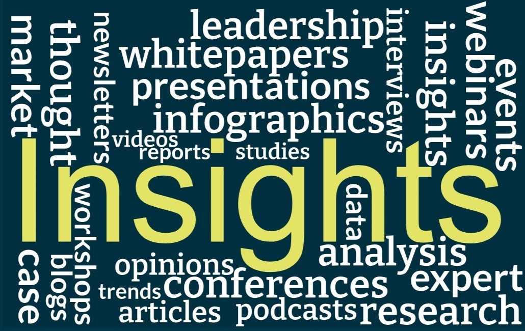 Word Cloud with words related to our insights newsletter such as: Events, Infographics, webinars etc.