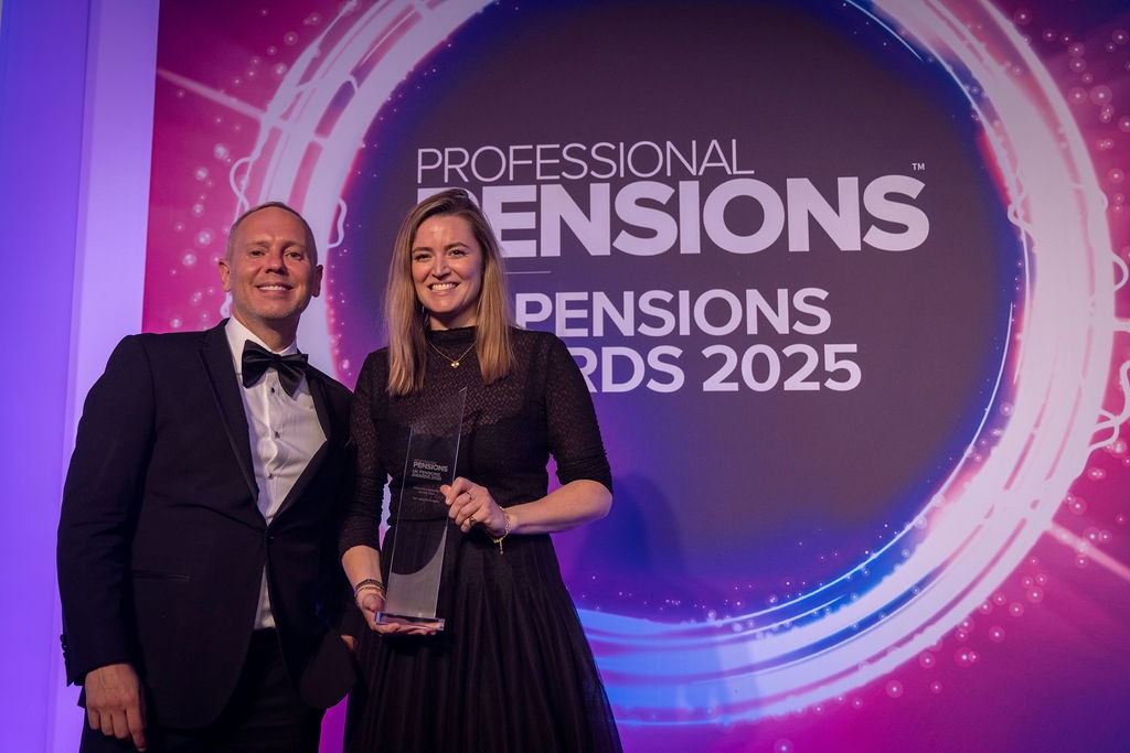 Vicky Caebourne accepting the Professional Pensions fiduciary manager of the year award on behalf of Van Lanschot Kempen INvestment management